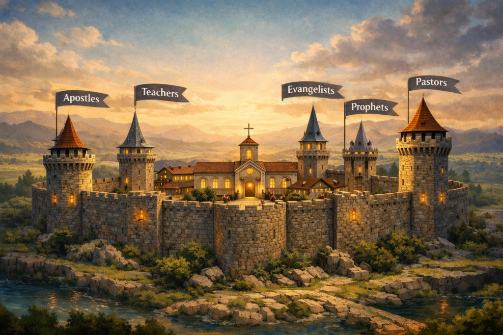 Модель христианского служения в виде укреплённого города с пятью башнями: апостолы, пророки, евангелисты, учителя и пасторы. В центре — поместная церковь, пастырская башня самая высокая, символ пятигранного служения и церковного лидерства.